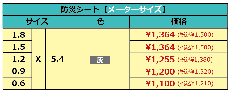 防炎シート白（インチサイズ）価格表