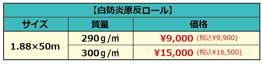 白防炎シート（原反）価格表