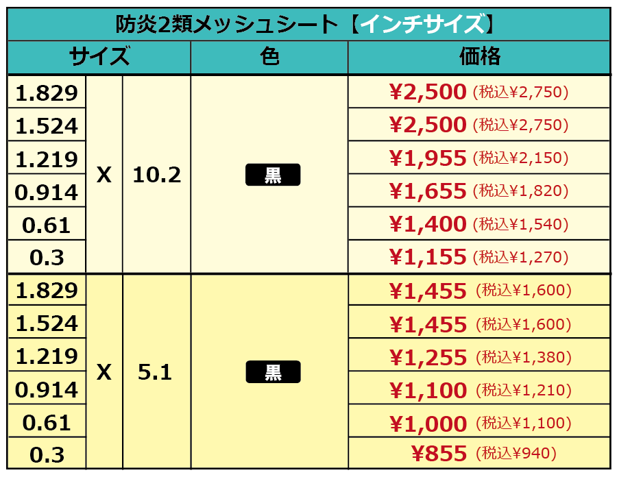 防炎２類メッシュシート（インチサイズ）価格表